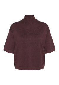 Bordeaux lyhythihainen paita, jossa on korkea kaulus. Valmistettu sileästä neuloksesta, jossa on rento malli ja hienovarainen ribbikuvio.