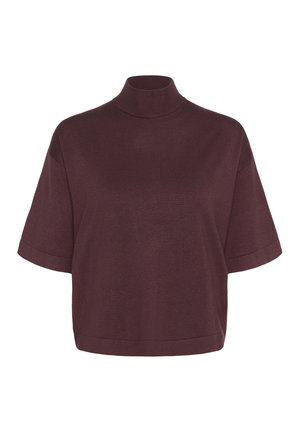 Burgundy short-sleeve top with a mock neck. Made from a smooth knit material, featuring a relaxed fit and subtle ribbed texture.