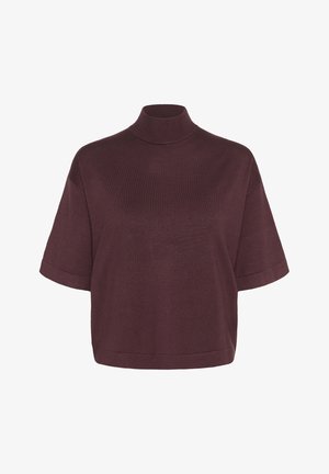 Bordeaux korte mouwen top met een hals met een hoge kraag. Gemaakt van een gladde gebreide stof, met een relaxed fit en subtiele ribbeltextuur.