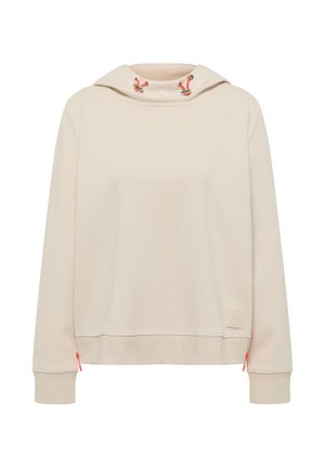 Beżowa bluza z kapturem na długi rękaw z wysokim kołnierzem, pomarańczowymi ściągaczami, prążkowanymi mankietami oraz małą naszywką z logo przy dolnym brzegu.