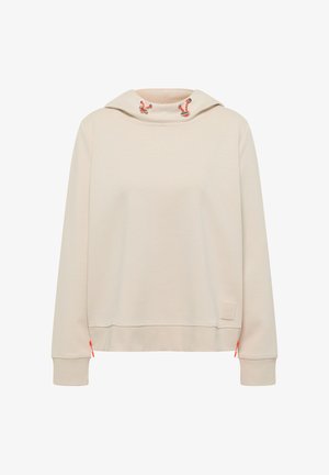 Beige hoodie met lange mouwen en hoge kraag, oranje trekkoorden, geribbelde manchetten en een klein gestikt logoplaatje aan de zoom.