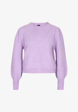 Lilla pullovertrøje med rund halsudskæring, lange pufærmer og ribstrikkede manchetter. Fremstillet af blødt, struktureret stof med en afslappet pasform.