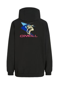 Zwarte windbreakerjack met capuchon, voorzien van een grote kleurrijke graphic op de achterkant, elastische manchetten en een aangetrokken tailleband.