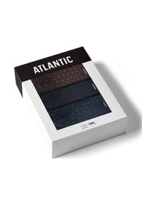 Zestaw trzech kuferków w pudełku. Kolory: ciemnobrązowy, ciemnoniebieski i granatowy z subtelnymi wzorami geometrycznymi. Pudełko z czarno-białym logo.