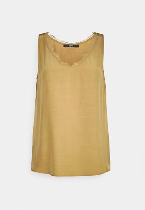 Top senza maniche in giallo senape, realizzato in tessuto liscio, con un bordo di pizzo smerlato lungo lo scollo e le braccia. Design semplice e dal taglio dritto.