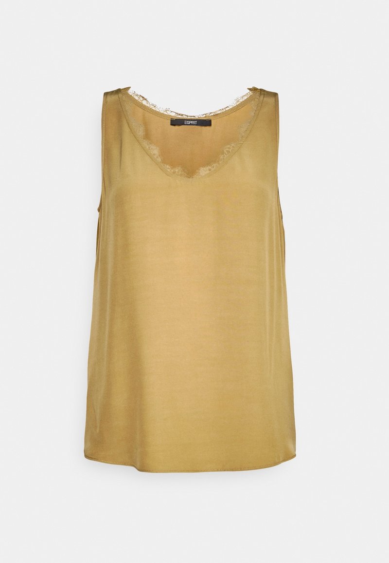Mouwloze top in mosterdgeel, gemaakt van gladde stof, met een geplooide kanten rand langs de halslijn en armen. Eenvoudig, recht gesneden ontwerp.
