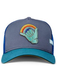 Gray cap with a teal brim and mesh blue sides. Features an embroidered hand symbol and rainbow design on the front panel.