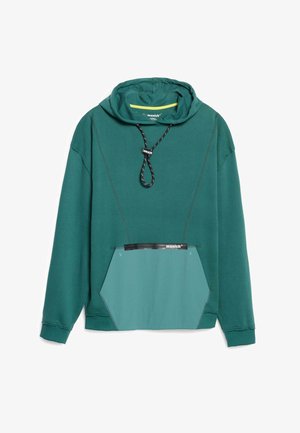 Felpa verde con cappuccio regolabile, pannello frontale a contrasto in teal, polsini a coste e tasca a marsupio. Il materiale sembra morbido e texturizzato.