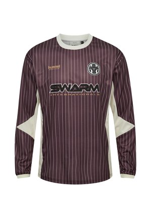 Paars sportshirt met lange mouwen en dunne witte verticale strepen, witte kraag en zijpanelen, "SWARM"-logo en een ronde teamembleem op de borst.
