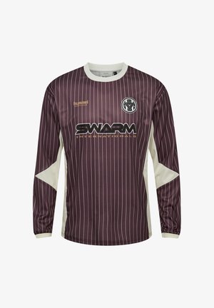 Paars sportshirt met lange mouwen en dunne witte verticale strepen, witte kraag en zijpanelen, "SWARM"-logo en een ronde teamembleem op de borst.
