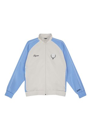 Giacca a zip grigio chiaro e azzurro chiaro con colletto alto, polsini elastici, tasche laterali e dettagli con logo sul petto e sulla manica.