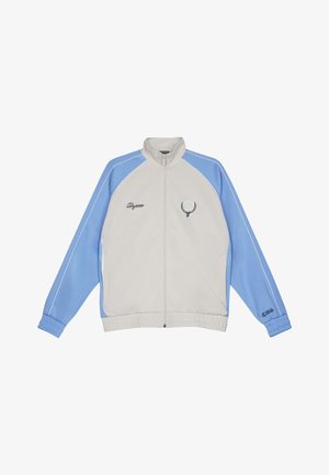 Lichtgrijze en lichtblauwe zip-up jack met hoge kraag, elastische manchetten, zijzakken en logodetails op de borst en mouw.