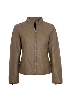 Taupefarbene Lederjacke mit Frontreißverschluss, Stehkragen und Reißverschlusstaschen, entworfen für eine taillierte Silhouette.