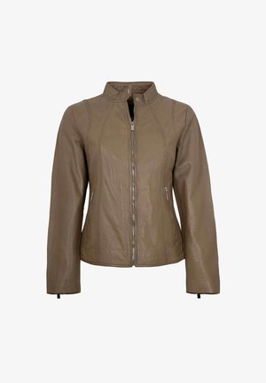 Taupefarbene Lederjacke mit Frontreißverschluss, Stehkragen und Reißverschlusstaschen, entworfen für eine taillierte Silhouette.