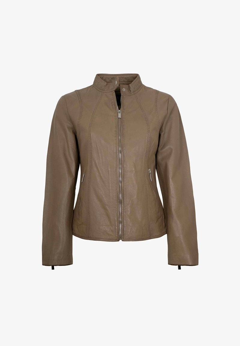 Taupe brown leather jacket with front zipper, stand collar, and zippered pockets, designed for a fitted silhouette.