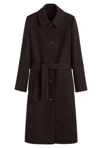 Tmavě hnědý kabát z vlněné směsi s klasickým límcem, zapínáním na knoflíky, dlouhými rukávy a uvázaným pásem v pase. Hladká textura a přizpůsobený střih.