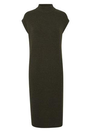 Olivovo zelené rebrované bezrukávové šaty s vysokým výstrihom, priliehavým strihom a dĺžkou po kolená. Vyrobené z textúrovanej pleteniny.