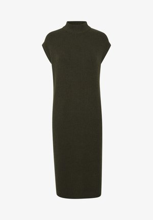 Oliven grøn ribbet ærmeløs kjole med høj hals, tætsiddende form og knælængde. Lavet af struktureret strikstof.