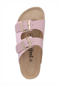 Roze slide sandal met een matte afwerking, twee verstelbare banden met gouden gespen en een gegolfde kurken binnenzool. Maat 37 zichtbaar op de binnenzool.