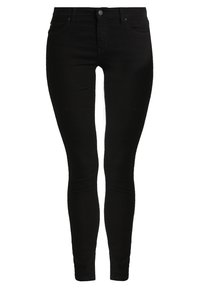 Jeans skinny negros hechos de tejido de mezclilla, con un diseño elegante, cinco bolsillos, un cierre de botón en la parte frontal y una textura suave.