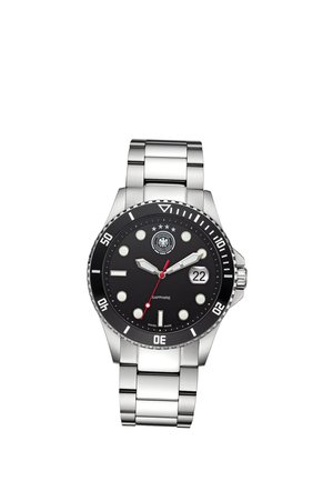 Montre-bracelet en acier inoxydable avec cadran noir, aiguilles et index lumineux, affichage de la date à 3 heures et lunette tournante avec repères des minutes.