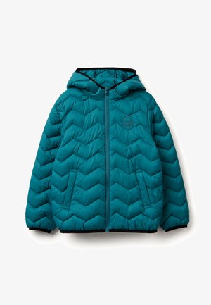 Teal puffer jacket with a hood, featuring a zigzag quilted design, front zipper, two side pockets, and black accents along the hem and cuffs.