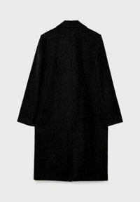 Mustat villatakki, jossa on suora leikkaus, pitkät hihat ja klassinen kaulus. Minimalistinen muotoilu, jossa on sileä pinta ja ei näkyviä kiinnittimiä.