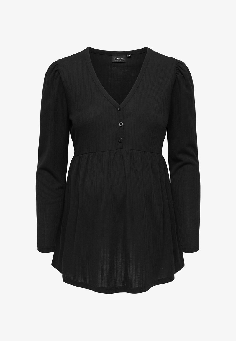 Haut noir à manches longues avec un décolleté en V, en matériau texturé à côtes, fermeture à boutons et taille froncée qui s'évase.