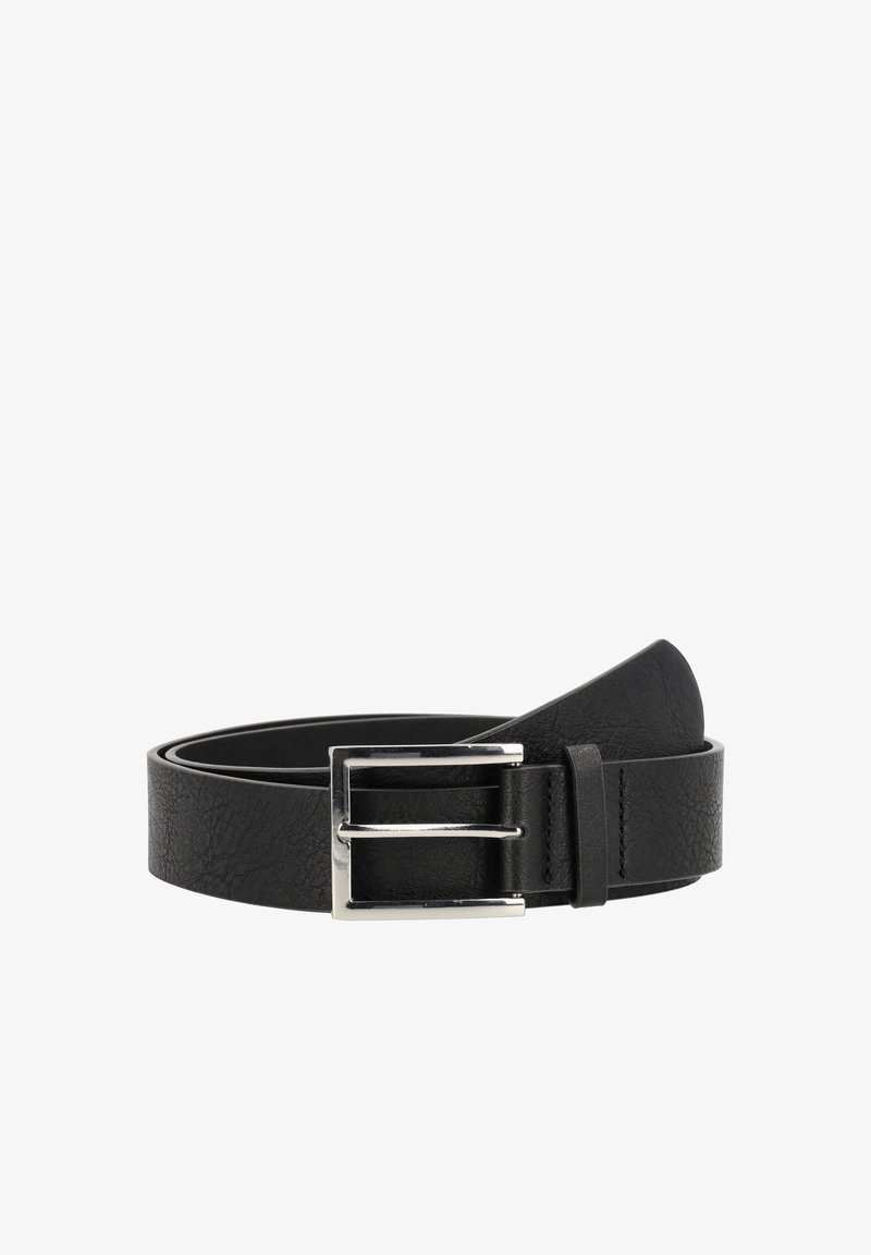 Black leather belt with a smooth texture, featuring a silver metal buckle and a strap design that tapers at one end.