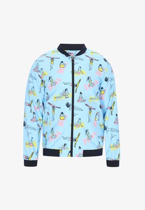 Light blue bomber jacket featuring a playful pattern of women in swimwear, with black cuffs and a zippered front. Smooth, lightweight fabric.