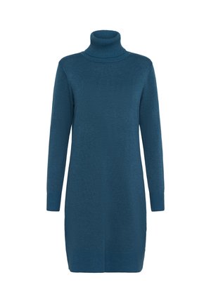 Vestido de suéter de cuello alto en color teal sólido. Manga larga, ajuste holgado, cuello y puños acanalados, y un dobladillo recto con ligeras aberturas laterales.