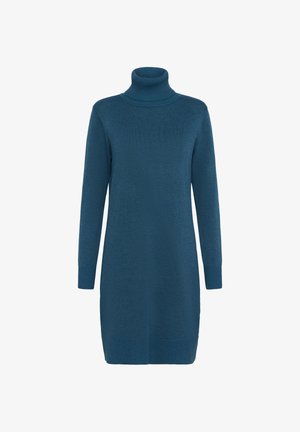 Kardigan haljina od turtlenecka u jednobojnoj tirkiznoj boji. Dugi rukavi, širok kroj, rebrasti dekolte i manžetne, te ravni rub s blagim bočnim prorezima.