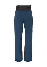 Donkerblauwe skibroek met een zwarte tailleband, ritszakken aan de zijkanten en verstevigde onderbeenstukken. Glad, waterbestendig materiaal.