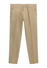Pantaloni beige in cotone con design a gamba dritta, dotati di due tasche frontali e chiusura con bottone. Tessuto liscio con orlo stretto.