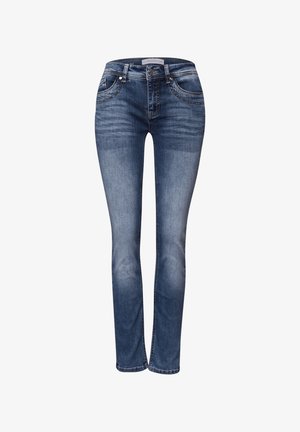 Jean skinny en denim bleu foncé avec un design classique à cinq poches, un délavage subtil et des coutures contrastantes le long des coutures.