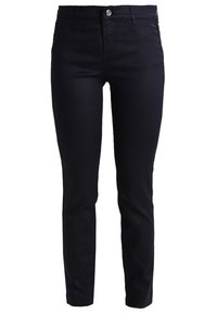 Black denim jeans, slim fit, mid-rise waist, classic five-pocket design, stitched accents, smooth texture, and decorative metal button.
