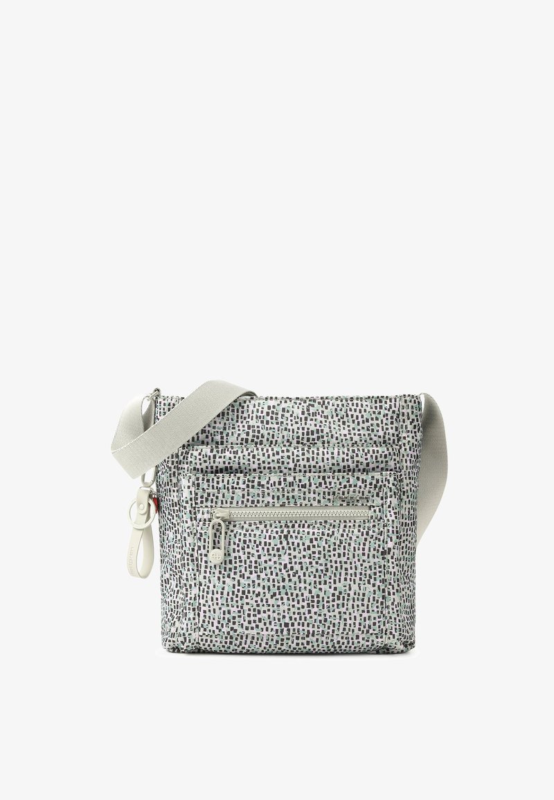 Sac bandoulière avec motif rectangulaire blanc et noir, poche zippée avant, sangle beige réglable et boucle porte-clés blanche attachée.