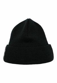 Svart stickad mössa med uppvikning. Mjuk textur, rundad topp och en liten rektangulär etikett på sidan. Lämplig för kallt väder.