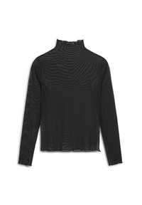 Schwarzes langärmeliges Turtleneck-Oberteil aus transparenter Material, mit gerippter Textur, hohem Kragen und ausgefransten Kanten an den Ärmeln und am Saum.