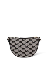 Borsa a tracolla nera e beige in tela, caratterizzata da un motivo con logo MK su tutta la superficie, chiusura con zip e rifiniture in pelle nera con tracolla.