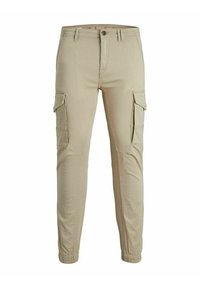 Khaki spodnie cargo w slim fit, z bocznymi kieszeniami i zwężającą się nogawką. Wykonane z bawełny, z elastycznym pasem.