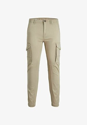 Khaki cargo pants with a slim fit, featuring side pockets and a tapered leg design. Made from cotton with an elastic waistband.