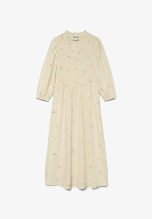 Cremefarbenes Kleid mit V-Ausschnitt, Rüschensaum, langen Puffärmeln und floraler Stickerei. Aus leichtem Stoff, fließendes Design.