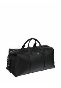 Bolsa de viaje de cuero negro con doble asa, cierre de cremallera y logotipo "Cerruti 1881" en el lateral.