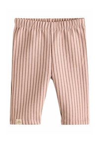 Hellrosa Leggings mit vertikalen braunen Streifen, elastischem Bund und einem kleinen Logopatch unten links. Weiche Textur und figurbetontes Design.