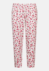 Bomulls-pyjamasbyxor i ljusrosa med körsbärsmönster. Har ett elastiskt midjeband och avsmalnande ben. Perfekta för komfort och avkoppling.