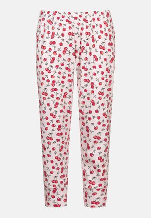 Light pink pajama pants with an all-over cherry print in red and black. Elastic waistband, tapered leg design, and soft fabric texture.