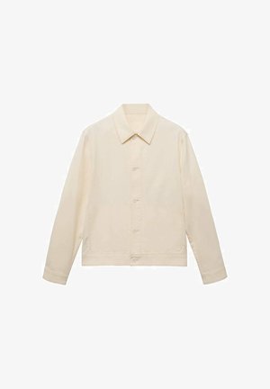 Cream-colored long-sleeve button-up jacket with a pointed collar and straight hem, displayed against a white background.