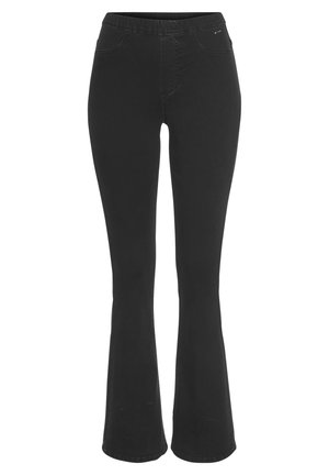 Schwarze ausgestellte Hose aus dehnbarem Stoff, mit einem elastischen Bund und zwei vorderen Taschen mit dezenten Nähdetails.