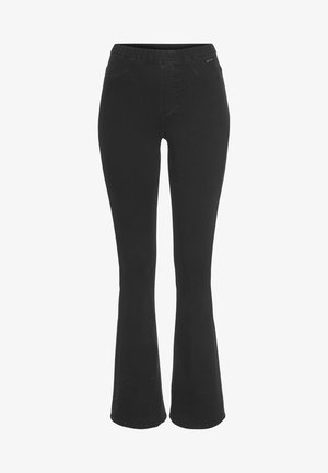 Schwarze ausgestellte Hose aus dehnbarem Stoff, mit einem elastischen Bund und zwei vorderen Taschen mit dezenten Nähdetails.